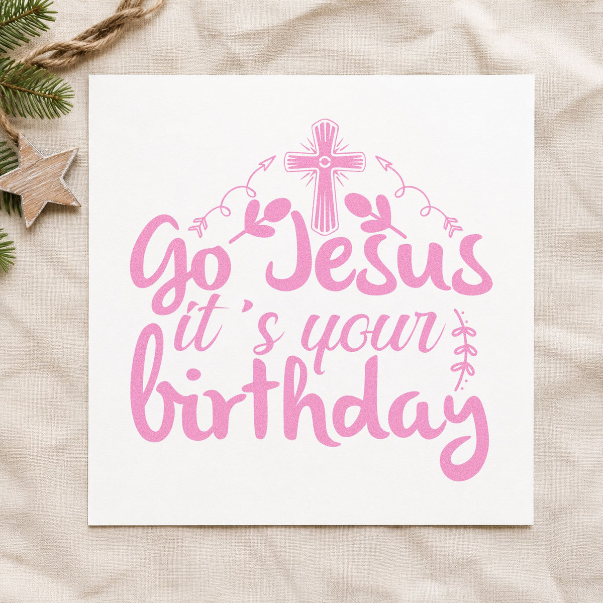 Go Jesus It's Your Birthday craft stamp in purple ink on cardstock, an easy option for birthday party for jesus.