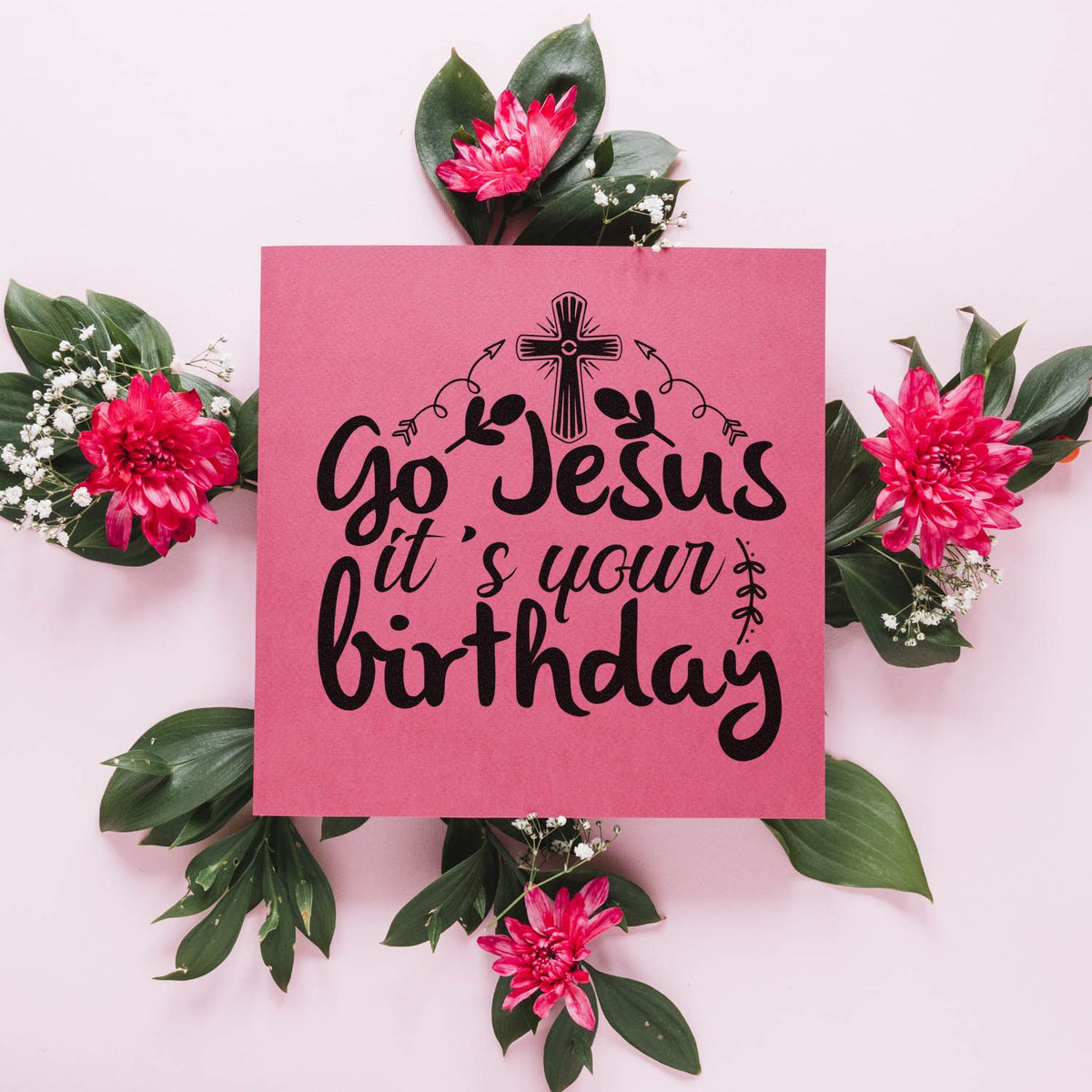 Go Jesus It's Your Birthday With Cross Stamp - Premium Vintage Pro Wooden imprint stamped in blue ink. "Go Jesus It's Your Birthday" features a cross, hearts, and decorative curls.