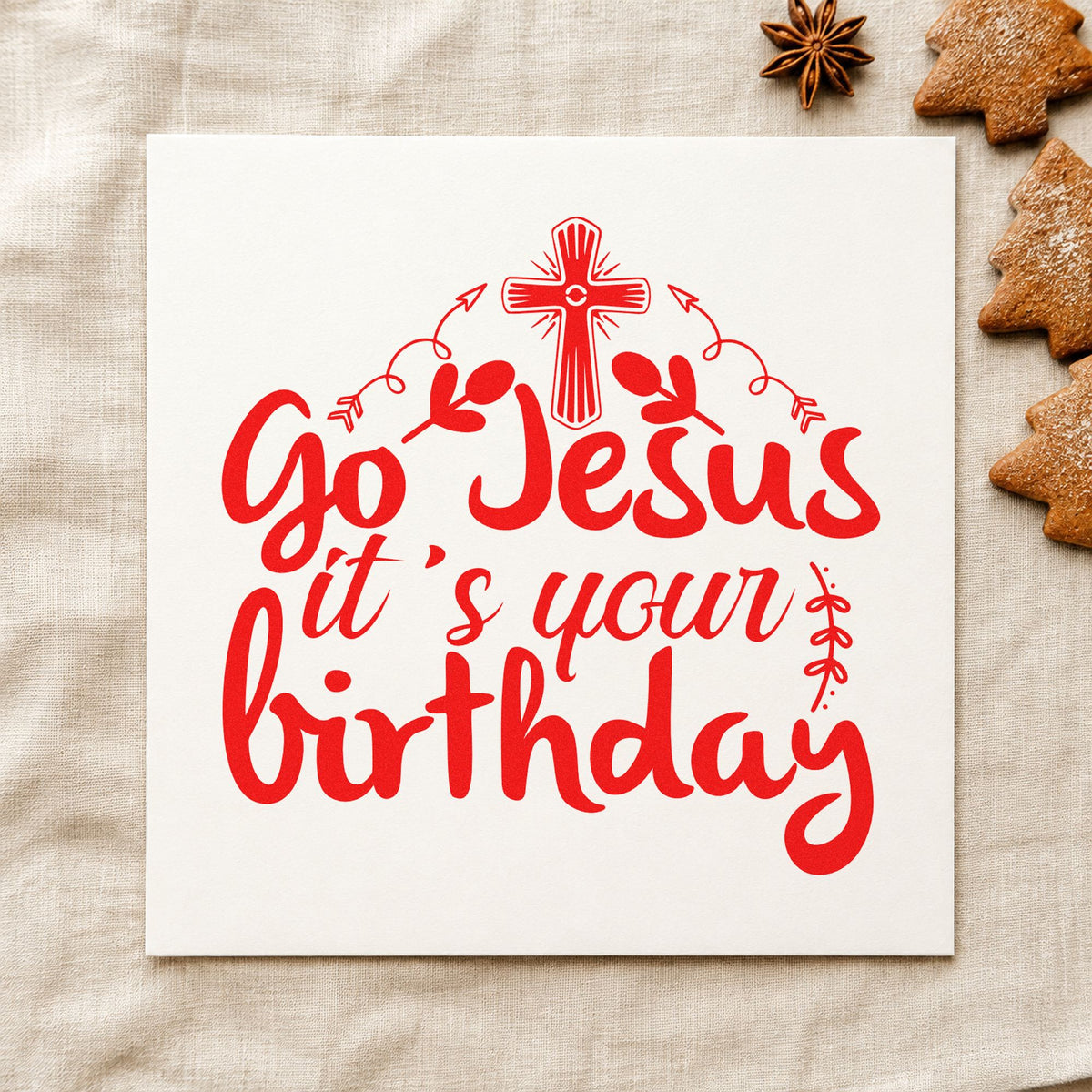 Go Jesus It's Your Birthday rubber stamp shown in red ink, stamped for projects such as nativity program covers.