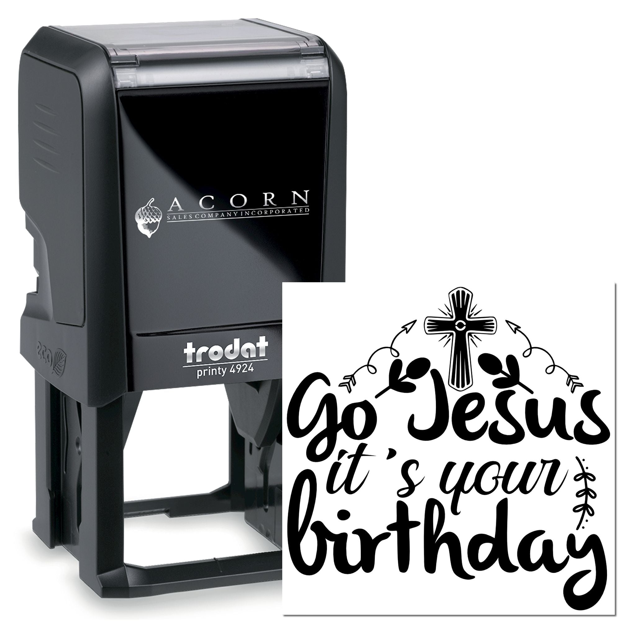 Custom self-inking rubber stamp with Go Jesus its your birthday design for Christian birthday cards, gifts, and crafts.