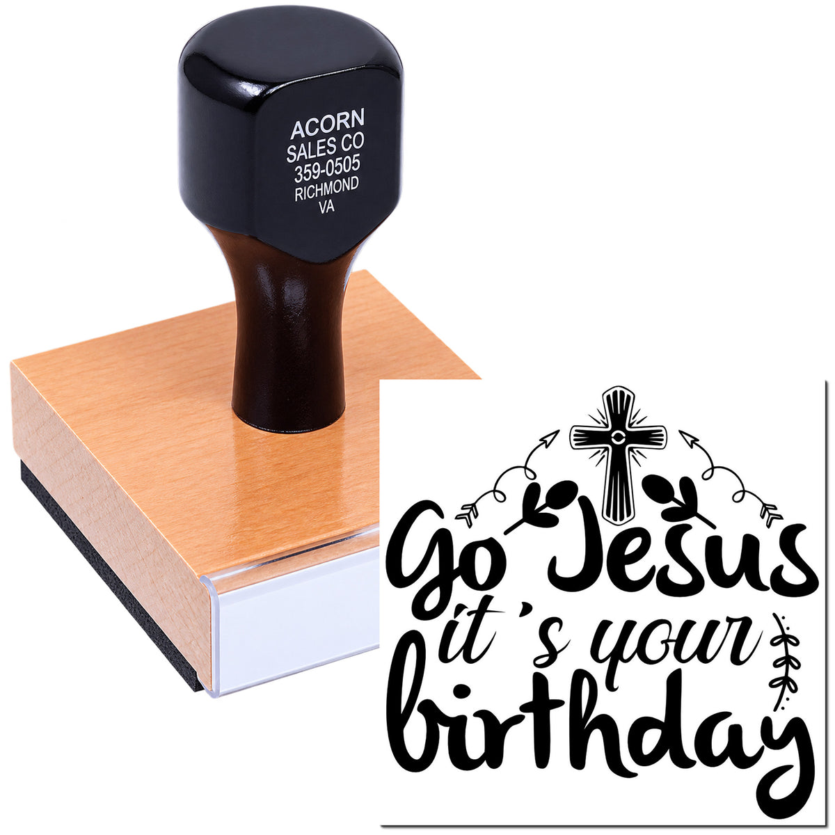Custom rubber stamp with Go Jesus its your birthday religious birthday design and cross, ideal for Christian craft stamping.