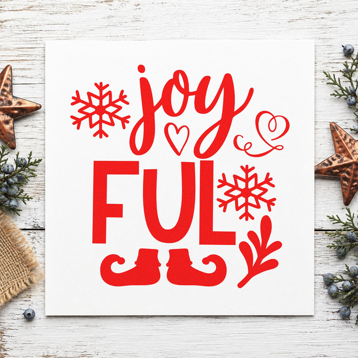 Joyful Elf Boots Snowflakes craft stamp in red ink on cardstock, an easy option for sock cuff printing.
