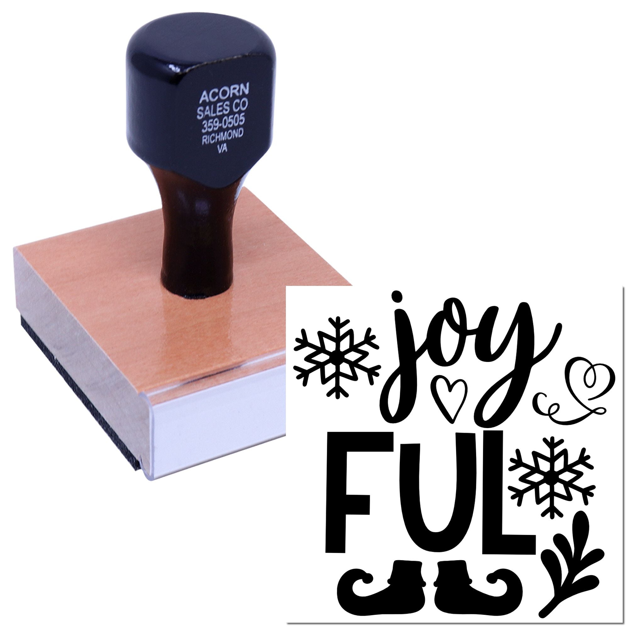 Custom holiday rubber stamp with Joy and Full winter design for festive cards, gift tags, and seasonal packaging.