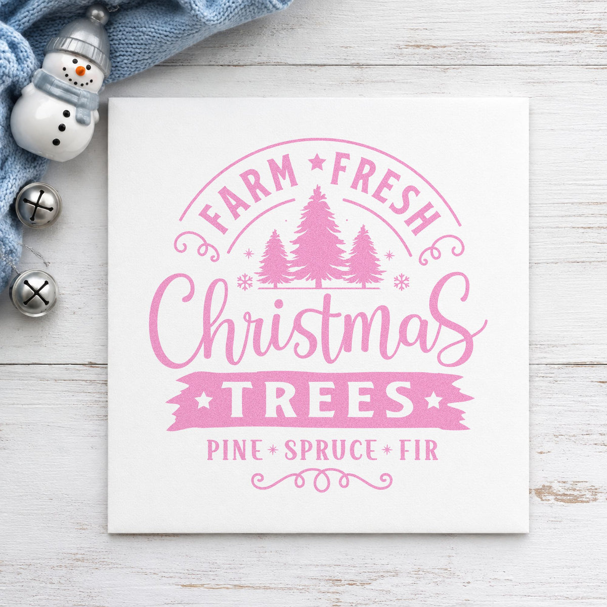 Farm Fresh Christmas Tree Sign craft stamp in purple ink on cardstock, an easy option for porch decor album.