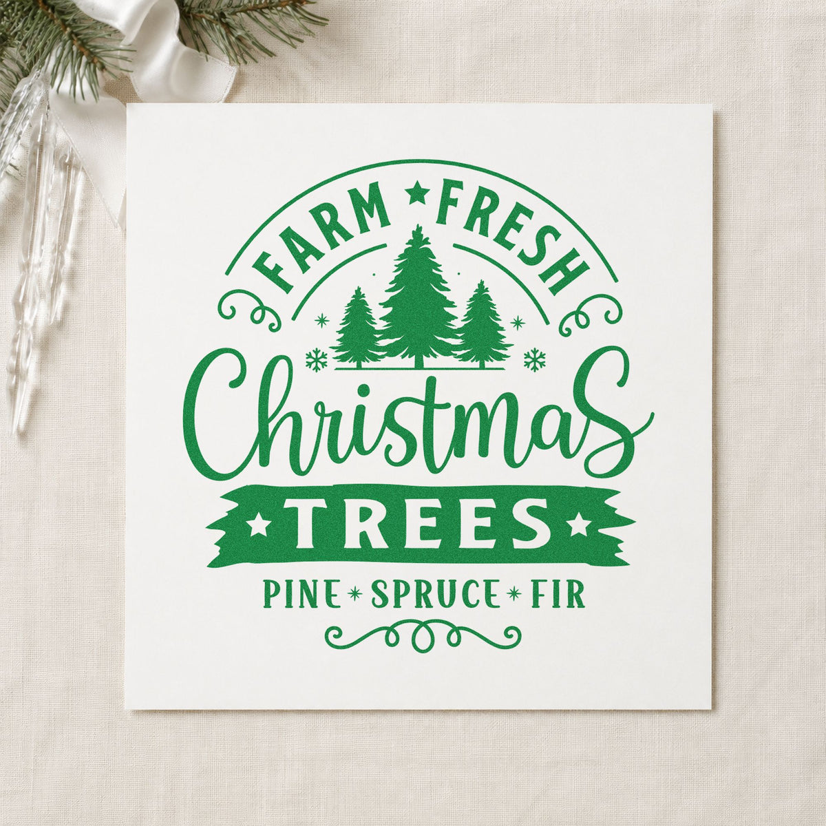 Farm Fresh Christmas Tree Sign craft stamp imprint in green ink on a handmade project, one idea being wood round blank tags.
