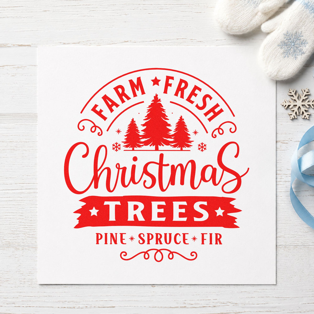 Farm Fresh Christmas Tree Sign rubber stamp shown in red ink, stamped for projects such as bundle twine labels.