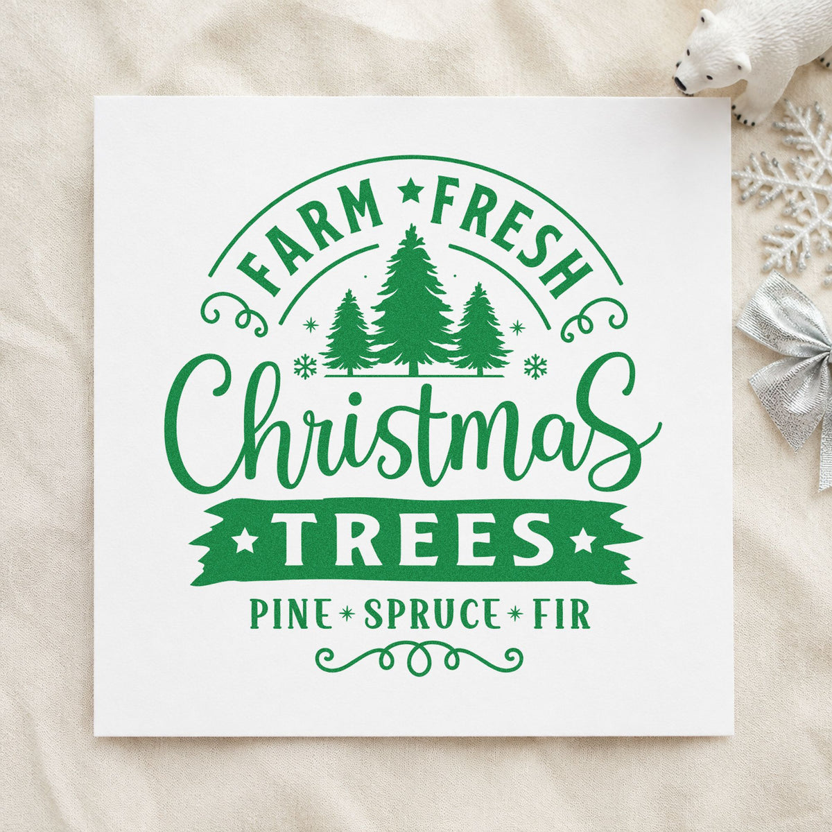 Farm Fresh Christmas Tree Sign craft stamp imprint in green ink on a handmade project, one idea being lot entrance signs.