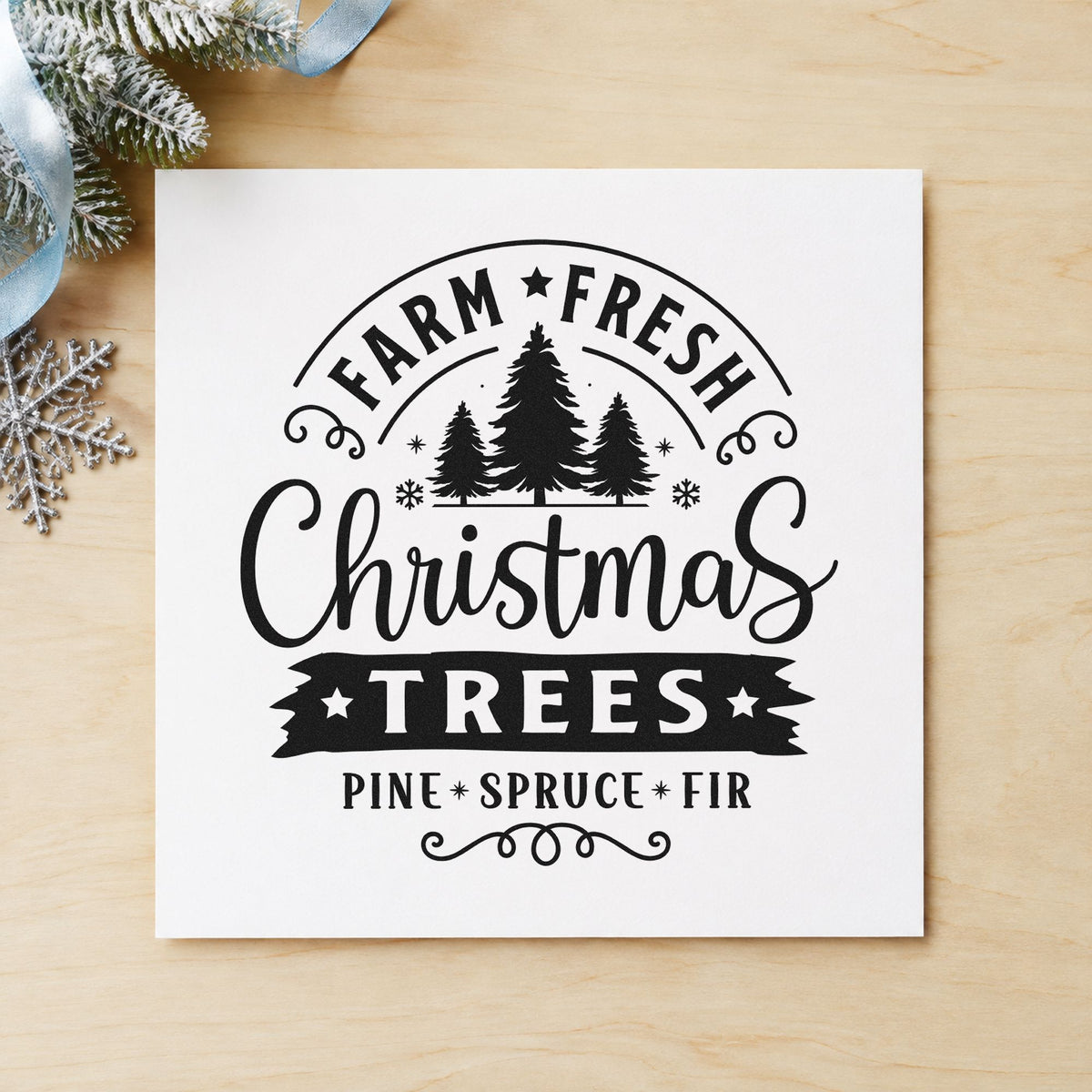 Farm Fresh Christmas Tree Sign rubber stamp printed in black ink, ready for vintage sign cards and similar paper crafts.