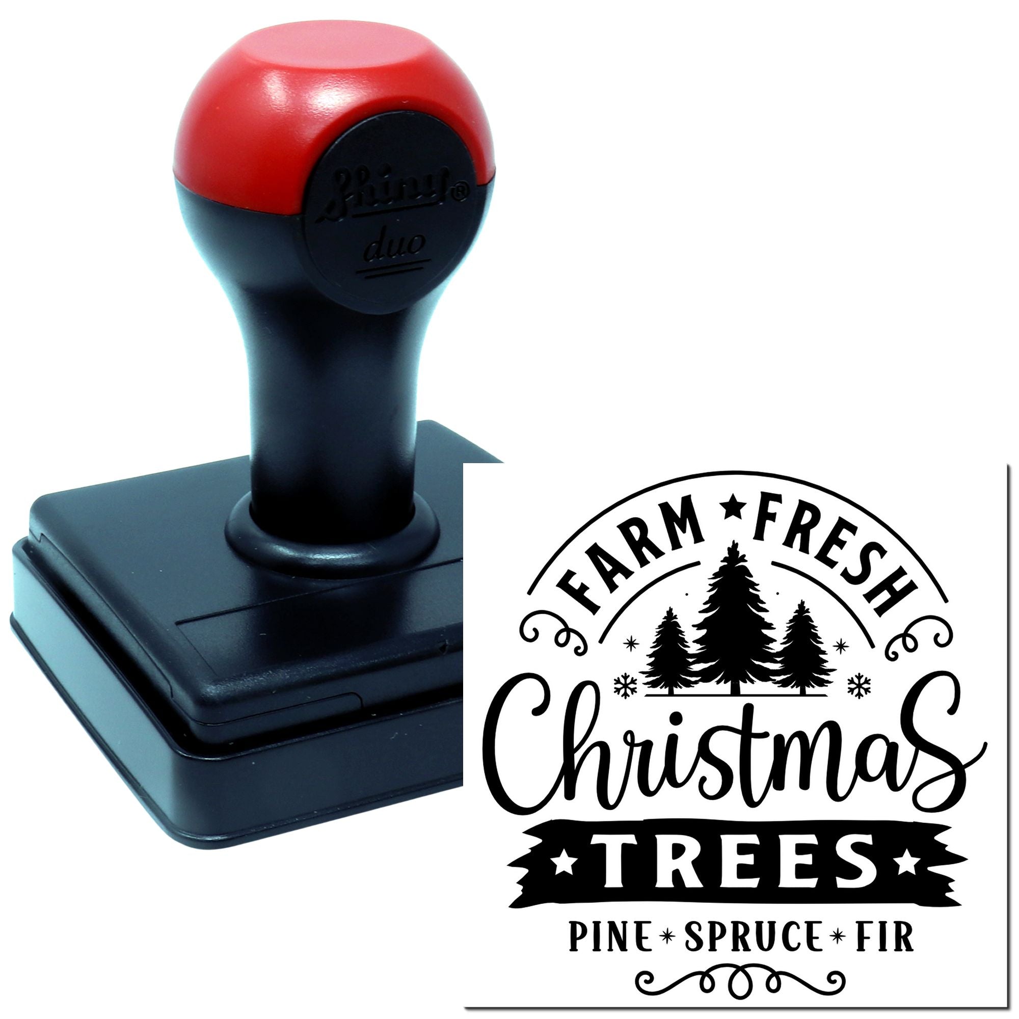 Custom self-inking rubber stamp for Farm Fresh Christmas Trees, featuring pine, spruce, and fir holiday branding.