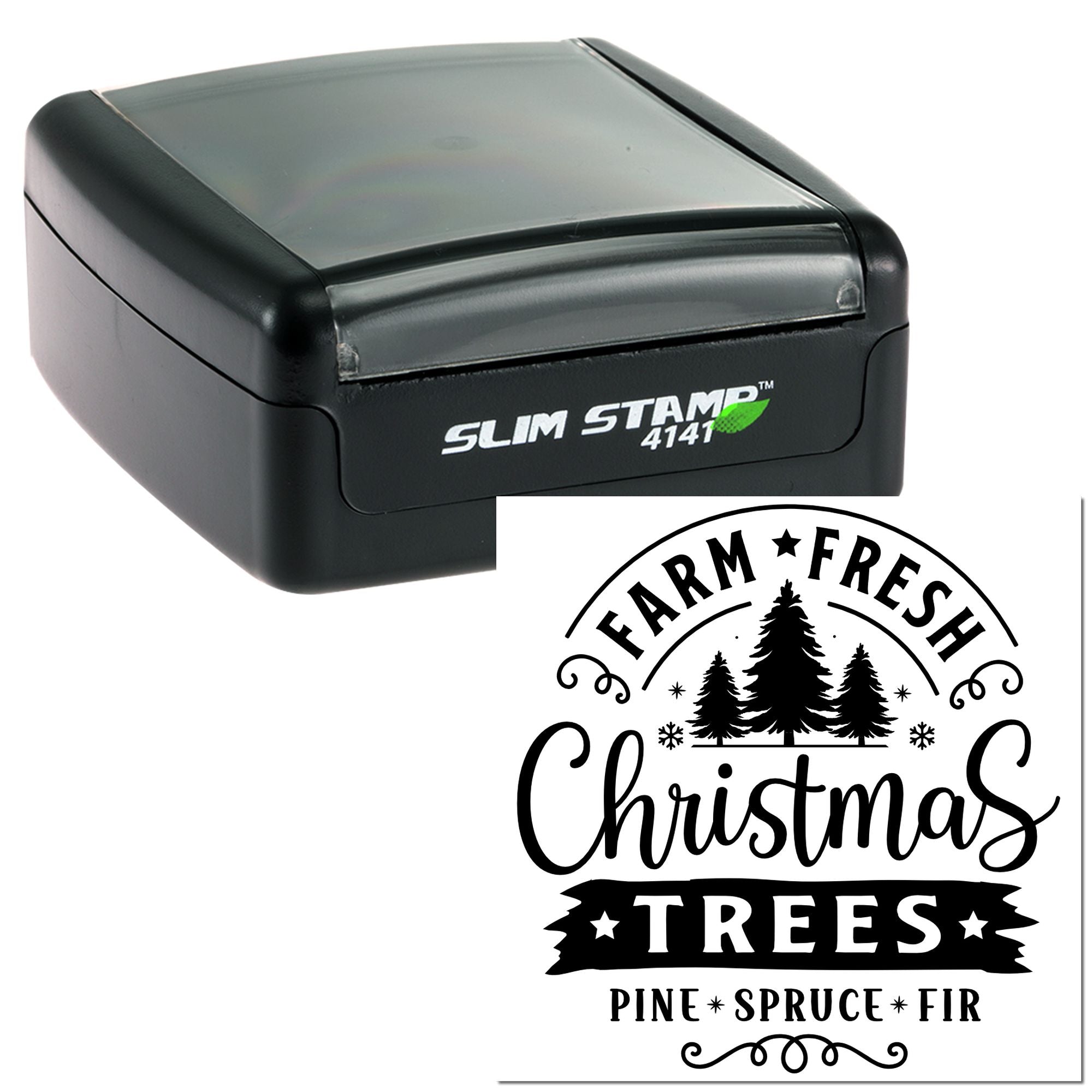 Self-inking rubber stamp with Farm Fresh Christmas Trees design for holiday crafts, farm market packaging and gift tags.