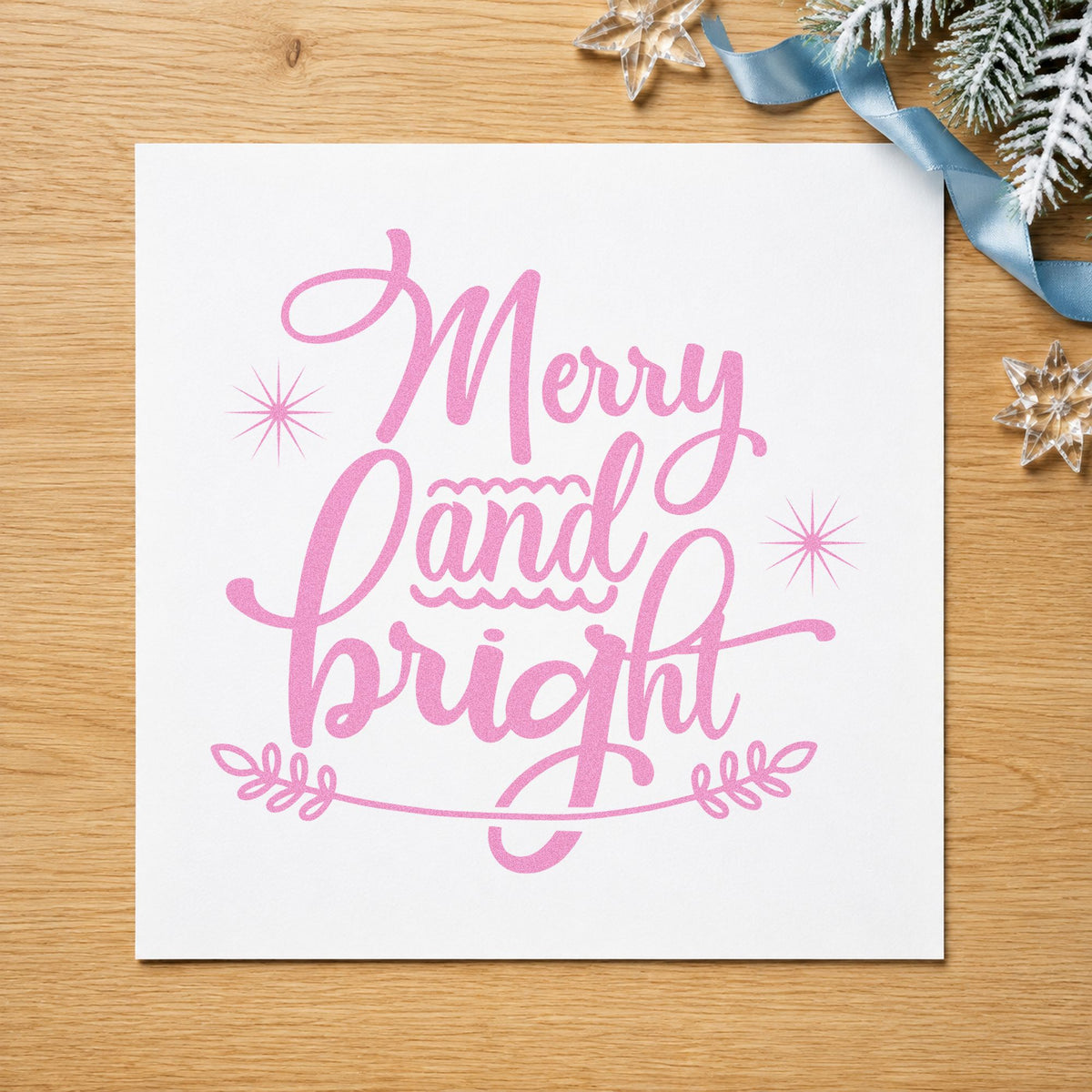 Merry And Bright Flourish craft stamp in purple ink on cardstock, an easy option for gold ink album page.