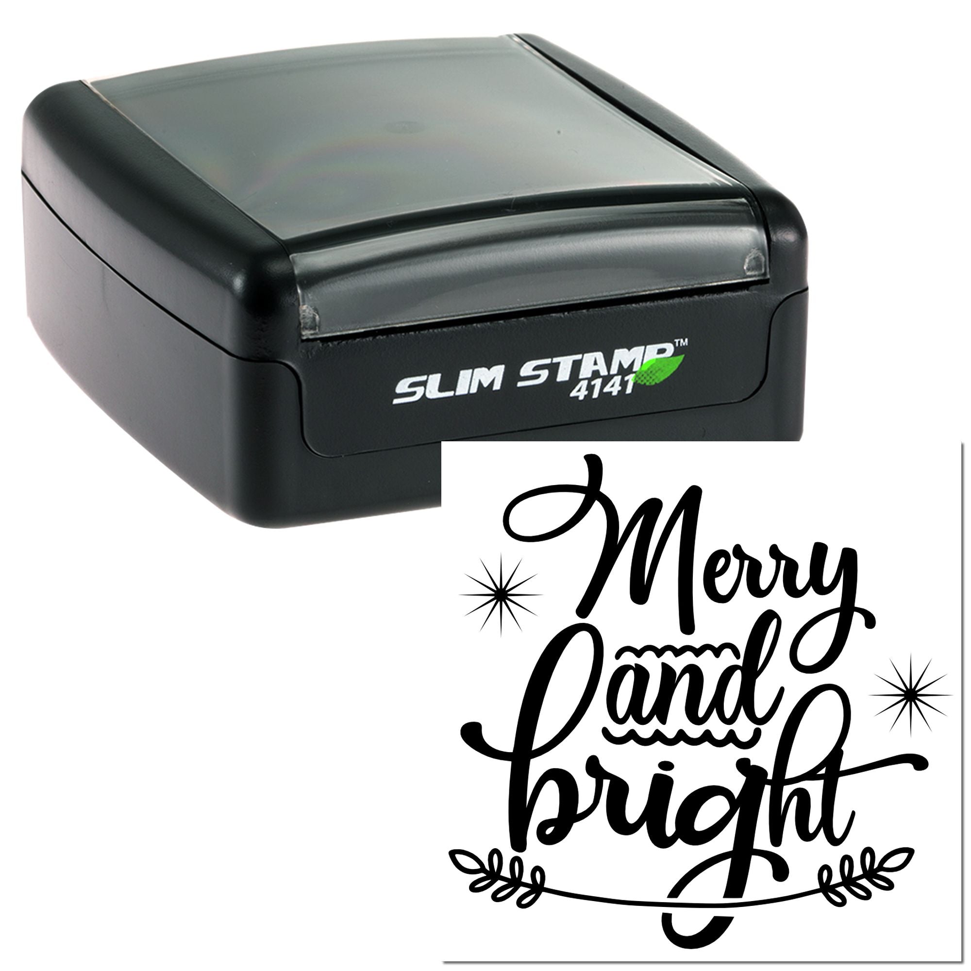 Custom self-inking rubber stamp with Merry and Bright holiday design for Christmas cards, crafts, and gift packaging.