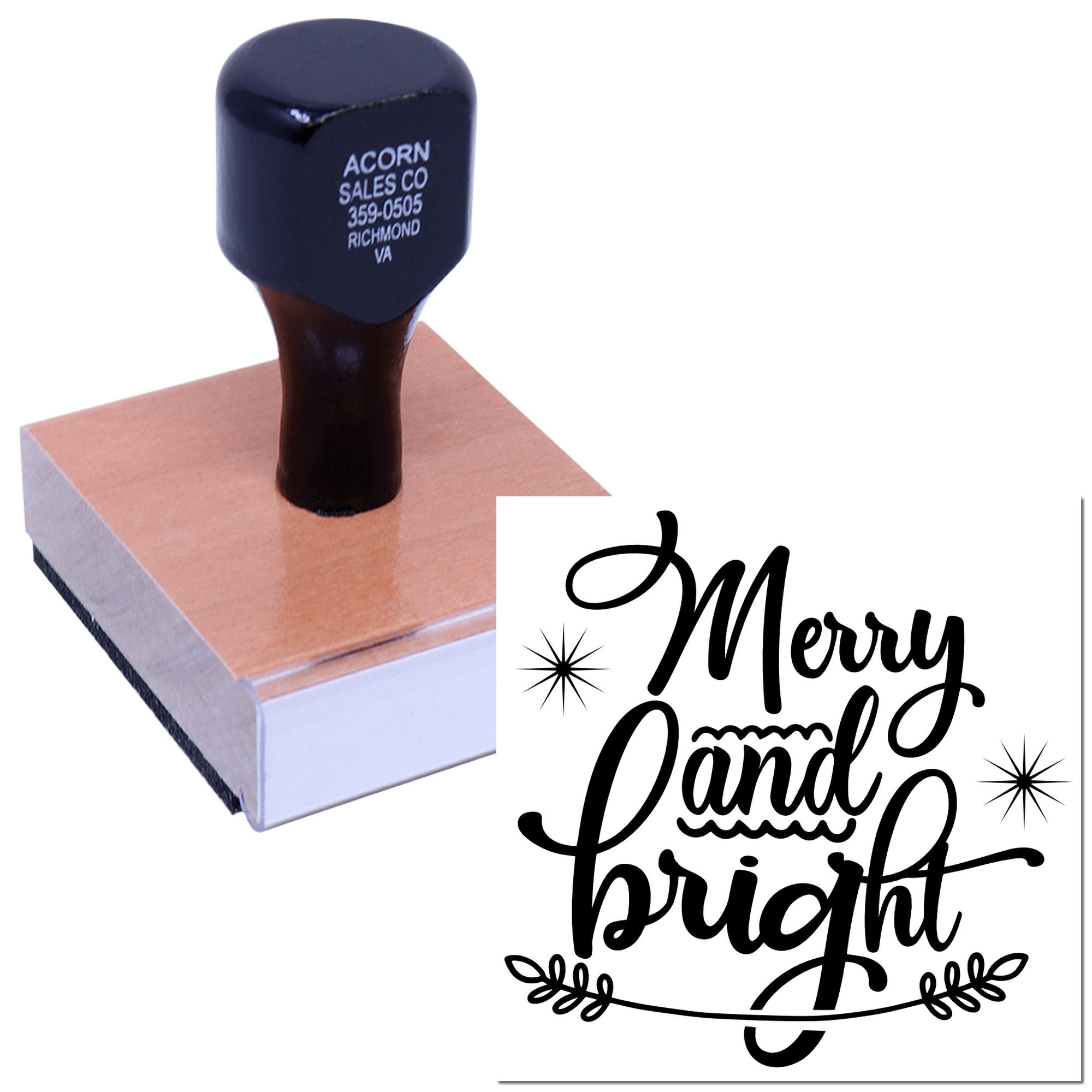 Custom Merry and Bright rubber stamp for holiday cards, gift tags, and seasonal crafts.