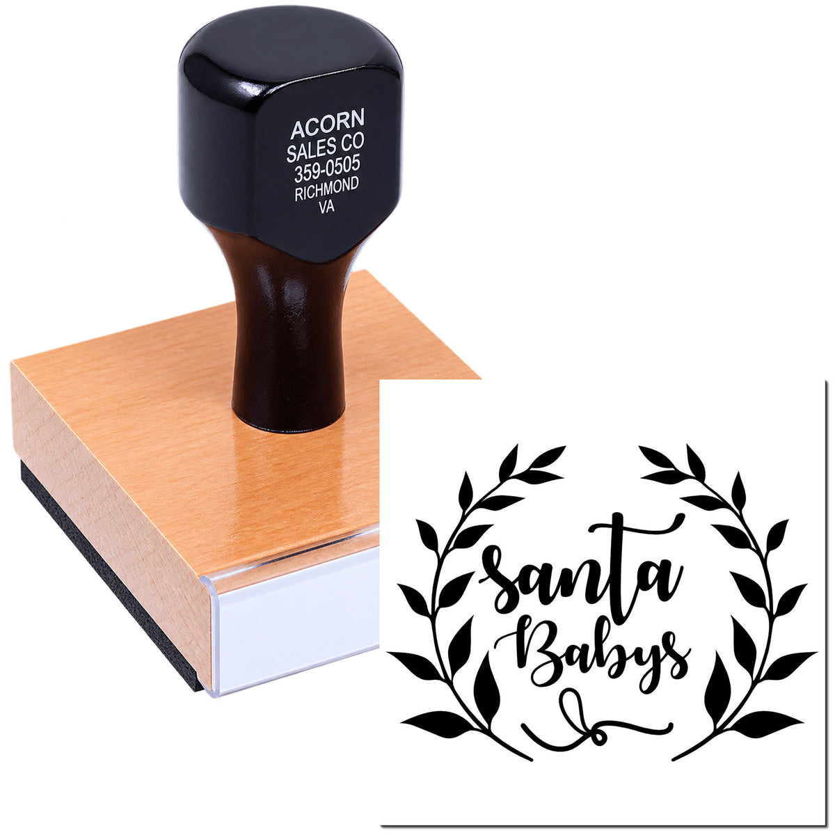 Custom rubber stamp with Santa Babys logo, ideal for branding packaging, stationery, and business use.