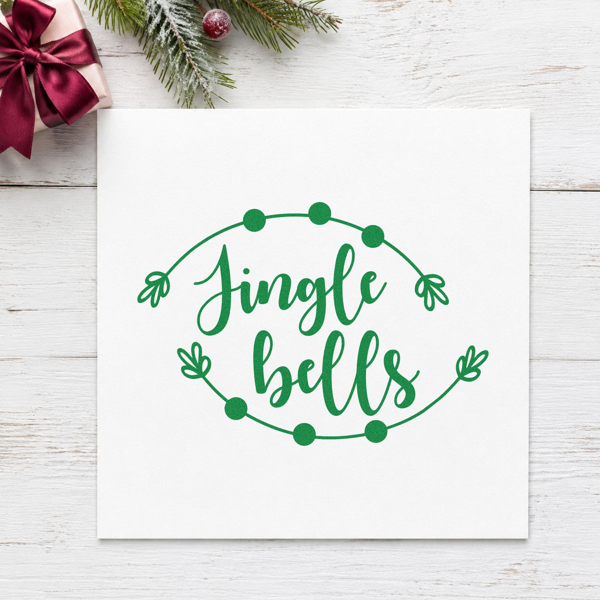 Jingle Bells Round Branch Framed Lettering Pre-Inked Stamp – Slim in use 3