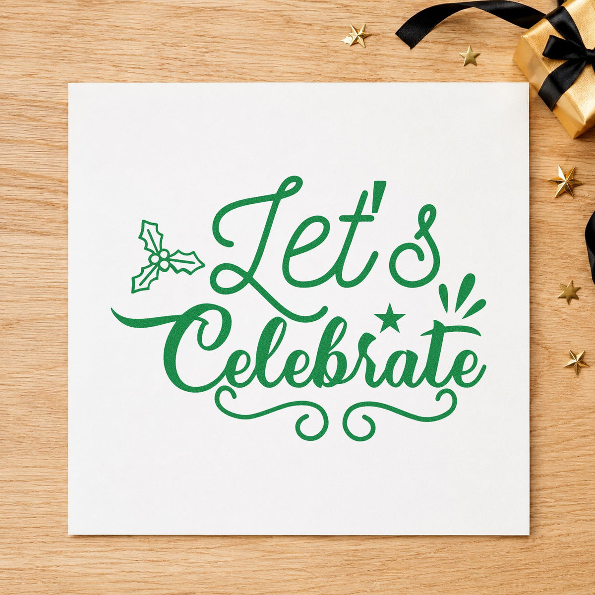 Let's Celebrate Holly craft stamp imprint in green ink on a handmade project, one idea being promotion gift tags.