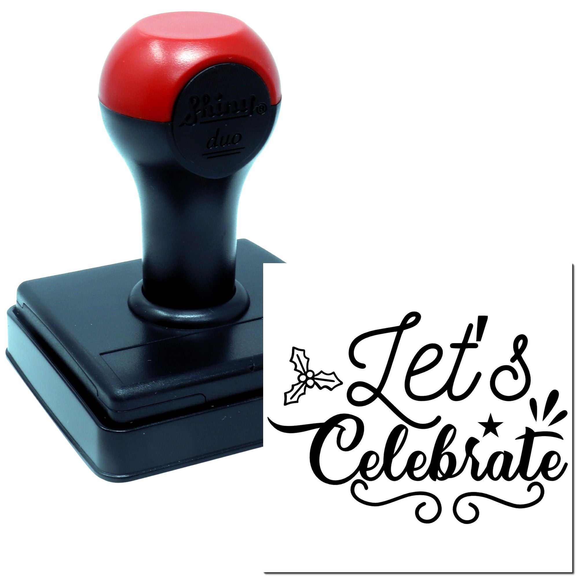 Self-inking rubber stamp with Lets Celebrate design, ideal for holiday cards, festive crafts, and custom greetings.