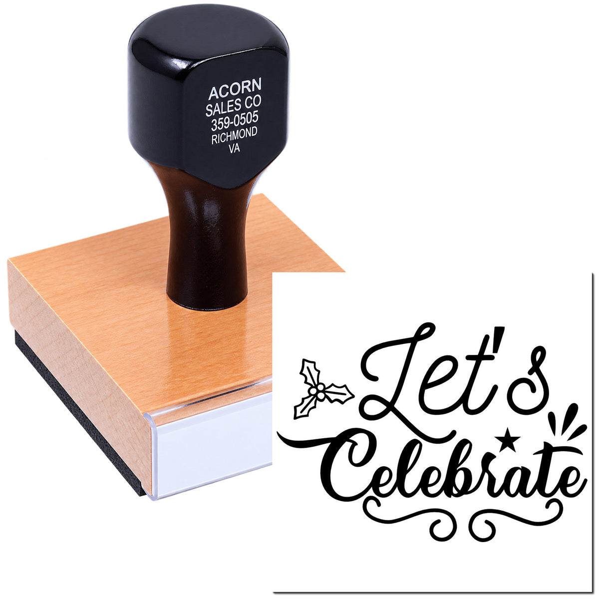 Custom wood-mounted rubber stamp with Lets Celebrate design for holiday cards, scrapbooking, and festive crafts.