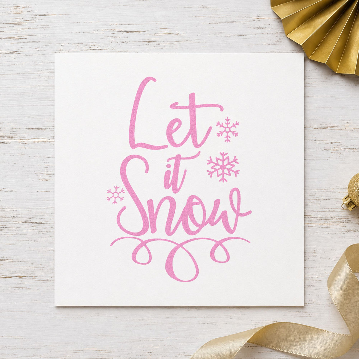 Let It Snow Loop Flourish craft stamp in purple ink on cardstock, an easy option for storm log album page.