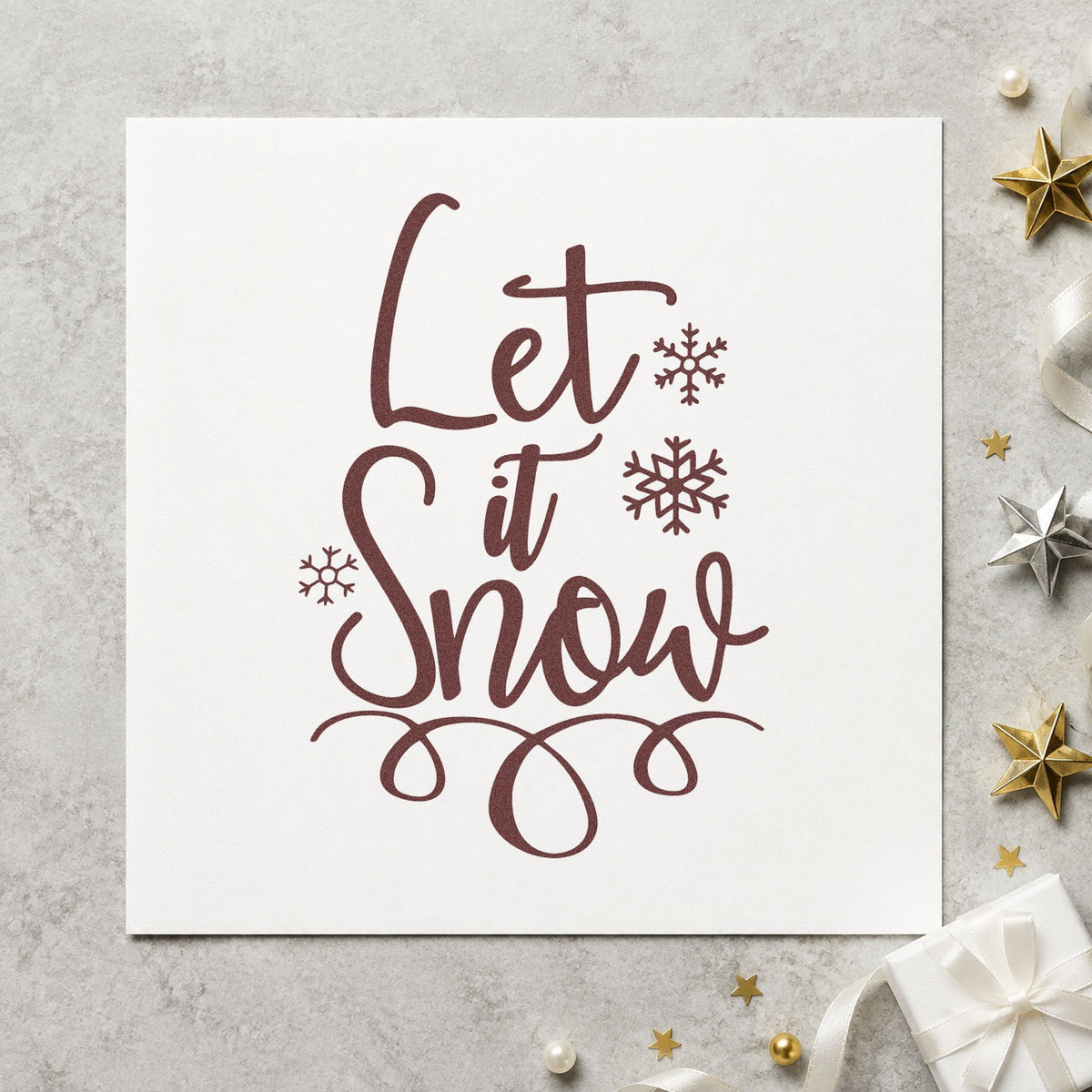 Let It Snow Loop Flourish rubber stamp printed in brown ink, ready for plow schedule sheet and similar paper crafts.
