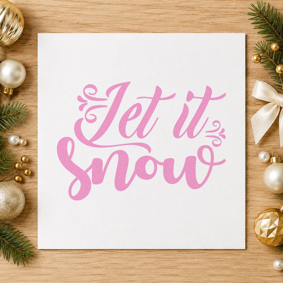 Let It Snow Ornate Script craft stamp in purple ink on cardstock, an easy option for snow day album page.