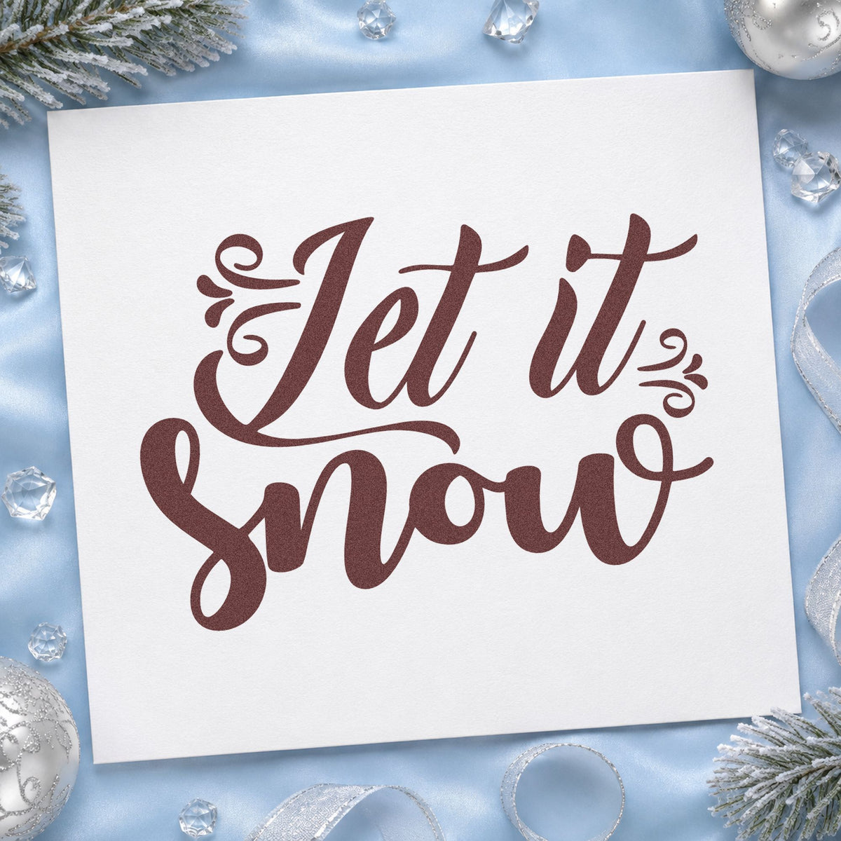 Let It Snow Ornate Script rubber stamp printed in brown ink, ready for activity menu sheet and similar paper crafts.