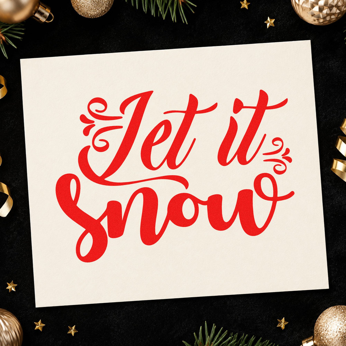 Let It Snow Ornate Script rubber stamp shown in red ink, stamped for projects such as glove bin labels.