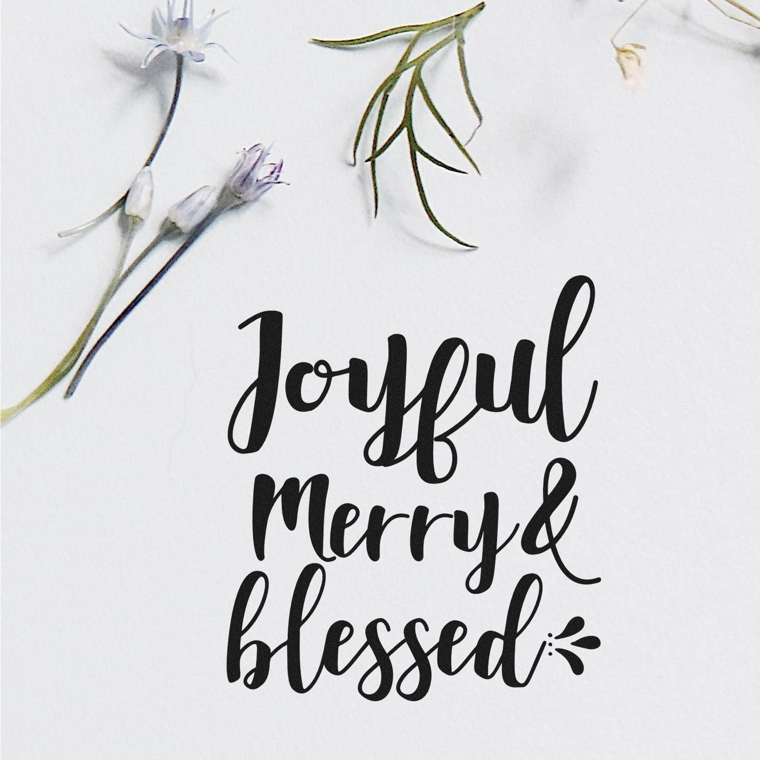 Joyful Merry & Blessed floral rubber stamp design for holiday cards, handmade gifts, and festive craft projects.