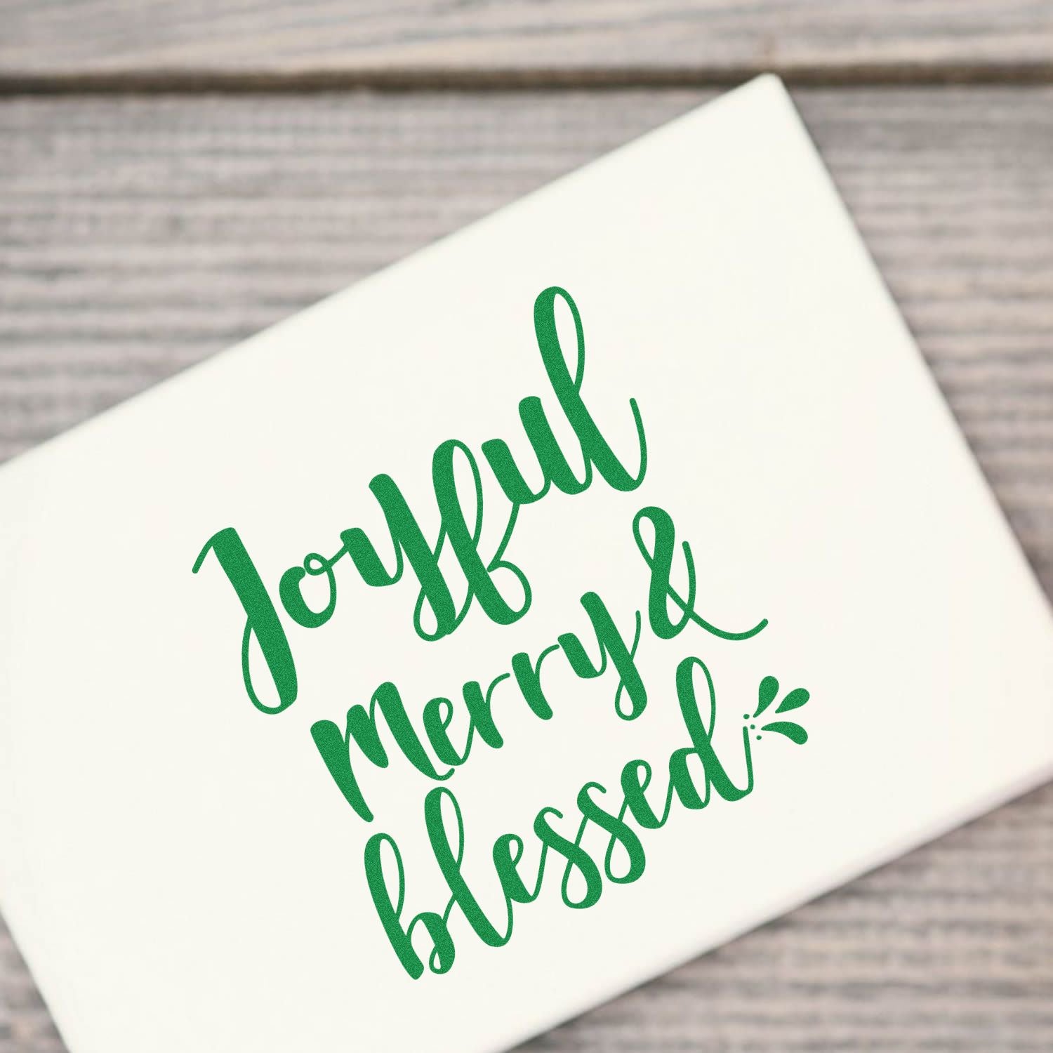 Joyful Merry & Blessed holiday rubber stamp design for cards and gift tags in green script.