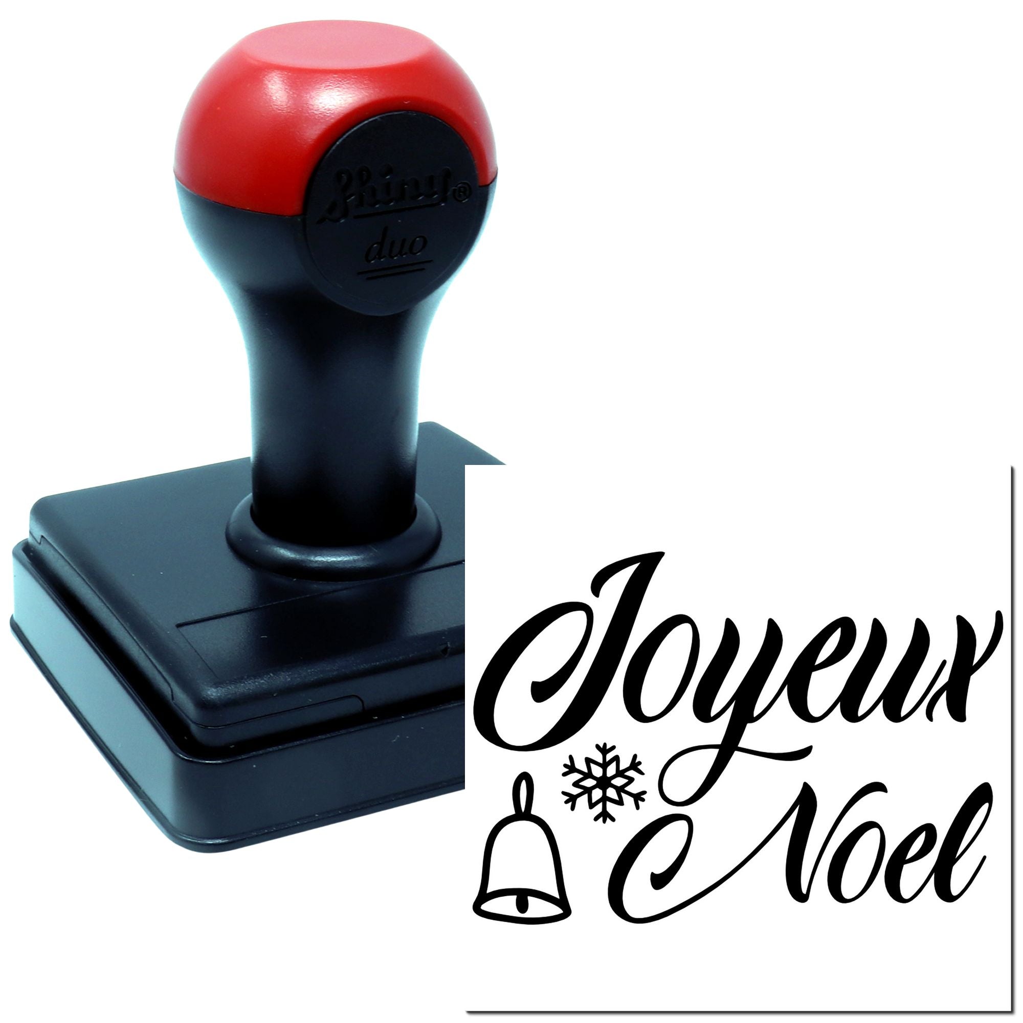 Self-inking rubber stamp with Joyeux Nol Christmas greeting, bell and snowflake design for holiday cards.