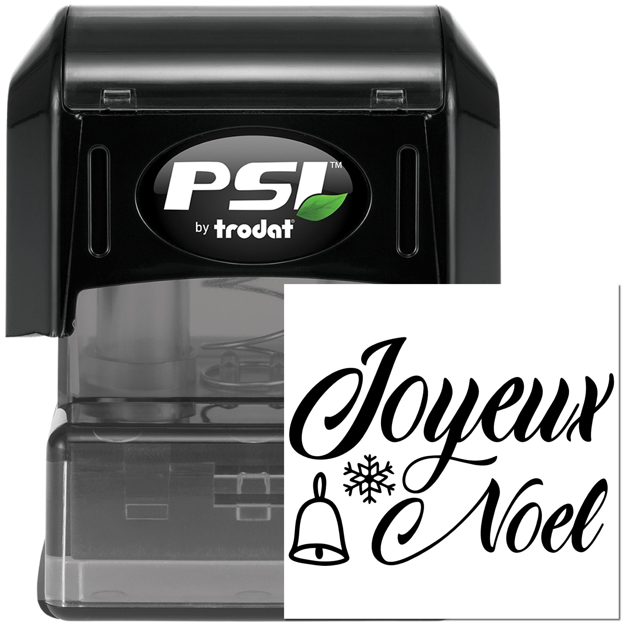 PSI by Trodat self-inking rubber stamp with Joyeux Noel holiday greeting design for Christmas card and festive stamping.