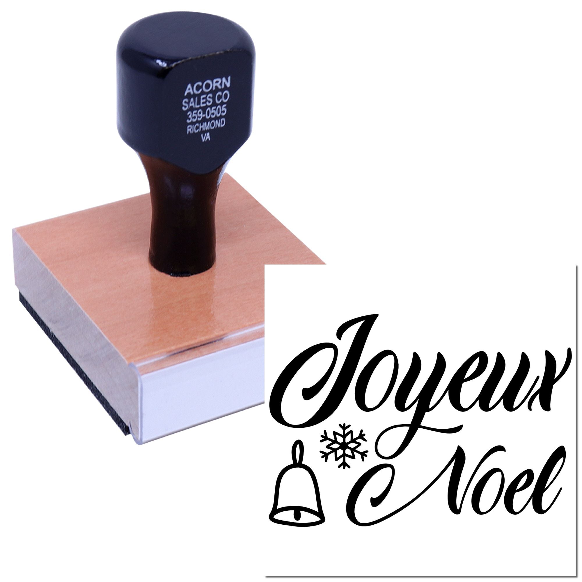 Custom rubber stamp with Joyeux Noel holiday greeting and bell design for Christmas cards and festive crafts.