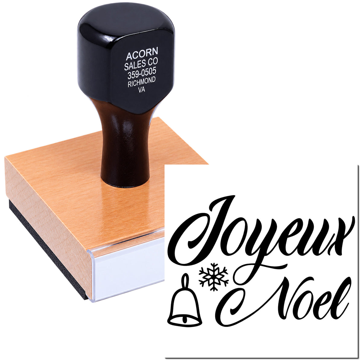 Custom rubber stamp with Joyeux Noel holiday greeting and bell design for Christmas cards and festive crafts.