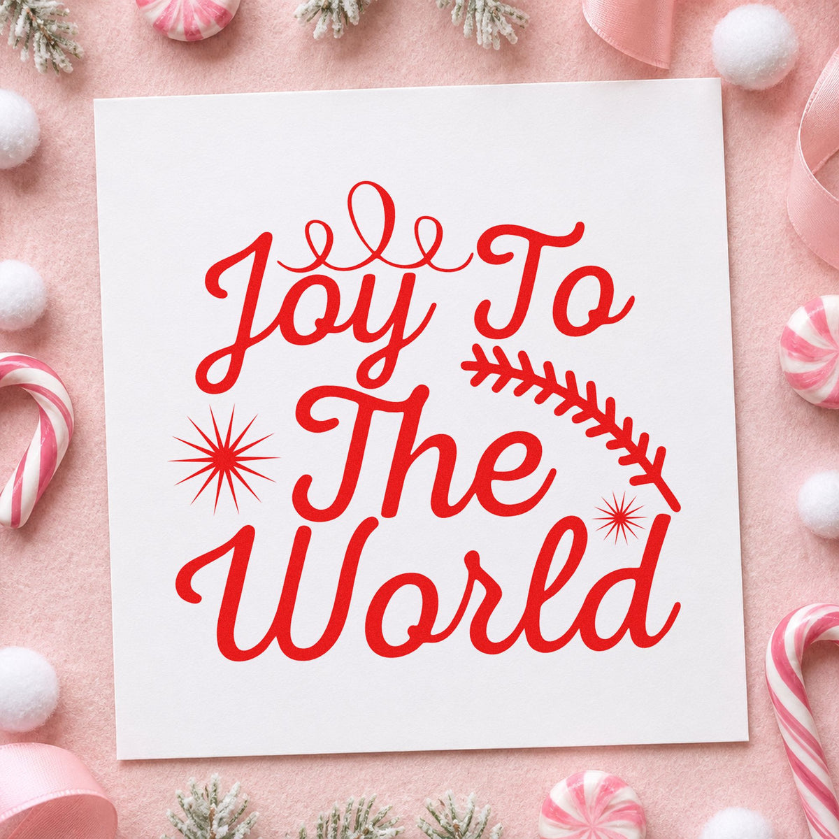 Joy To The World Sprig rubber stamp shown in red ink, stamped for projects such as seed packet labels.