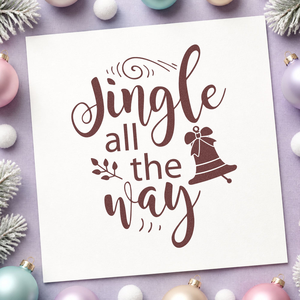 Jingle All The Way Bell rubber stamp printed in brown ink, ready for wrap idea sheet and similar paper crafts.