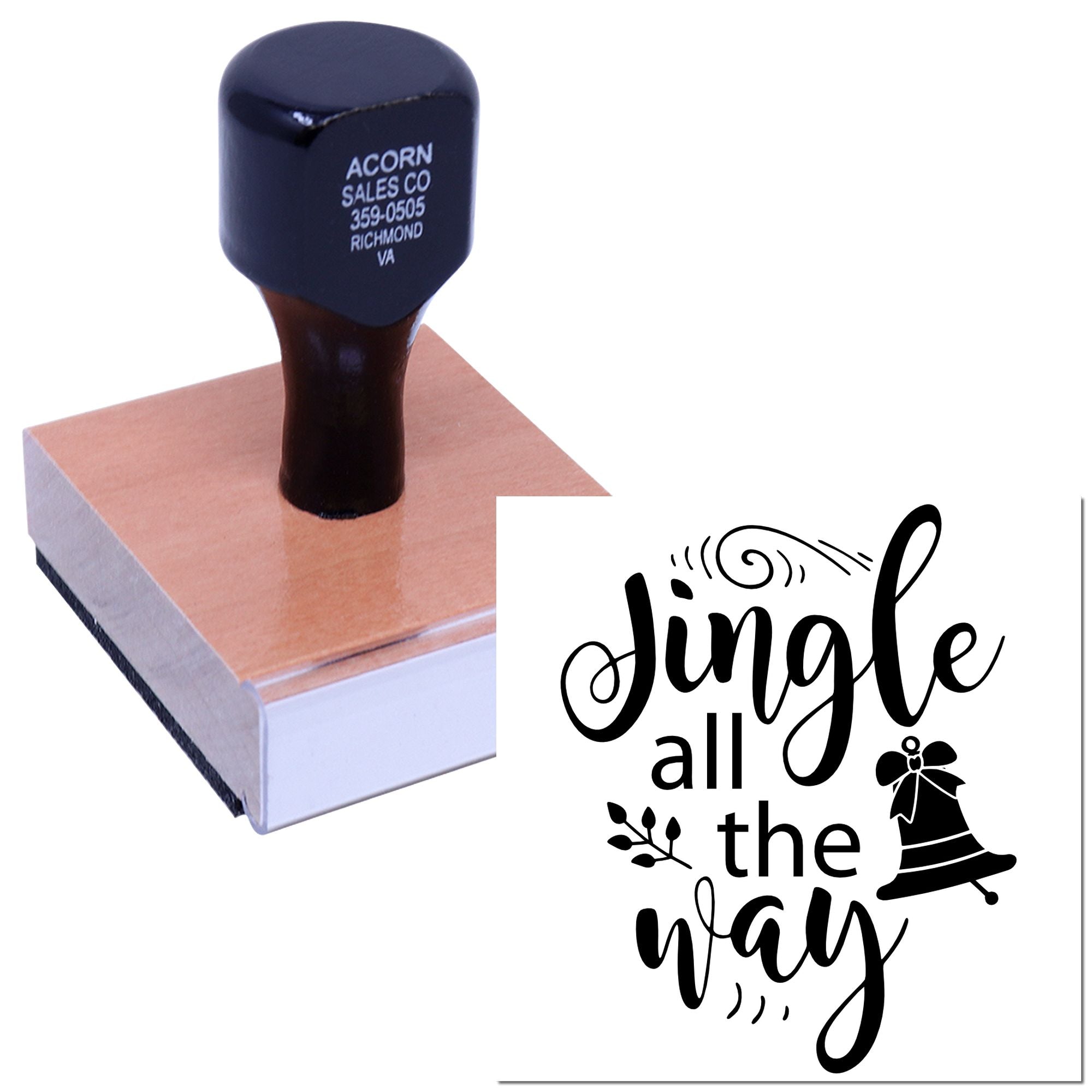 Custom Christmas rubber stamp with Jingle all the way design for holiday cards, gift tags, and festive packaging.