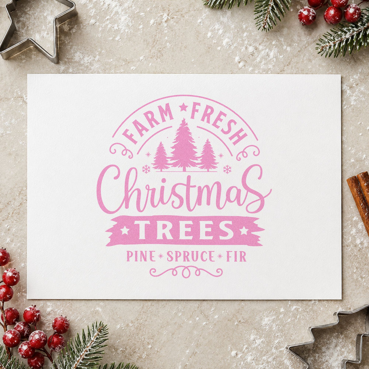 Farm Fresh Christmas Trees Badge craft stamp in purple ink on cardstock, an easy option for night market album.