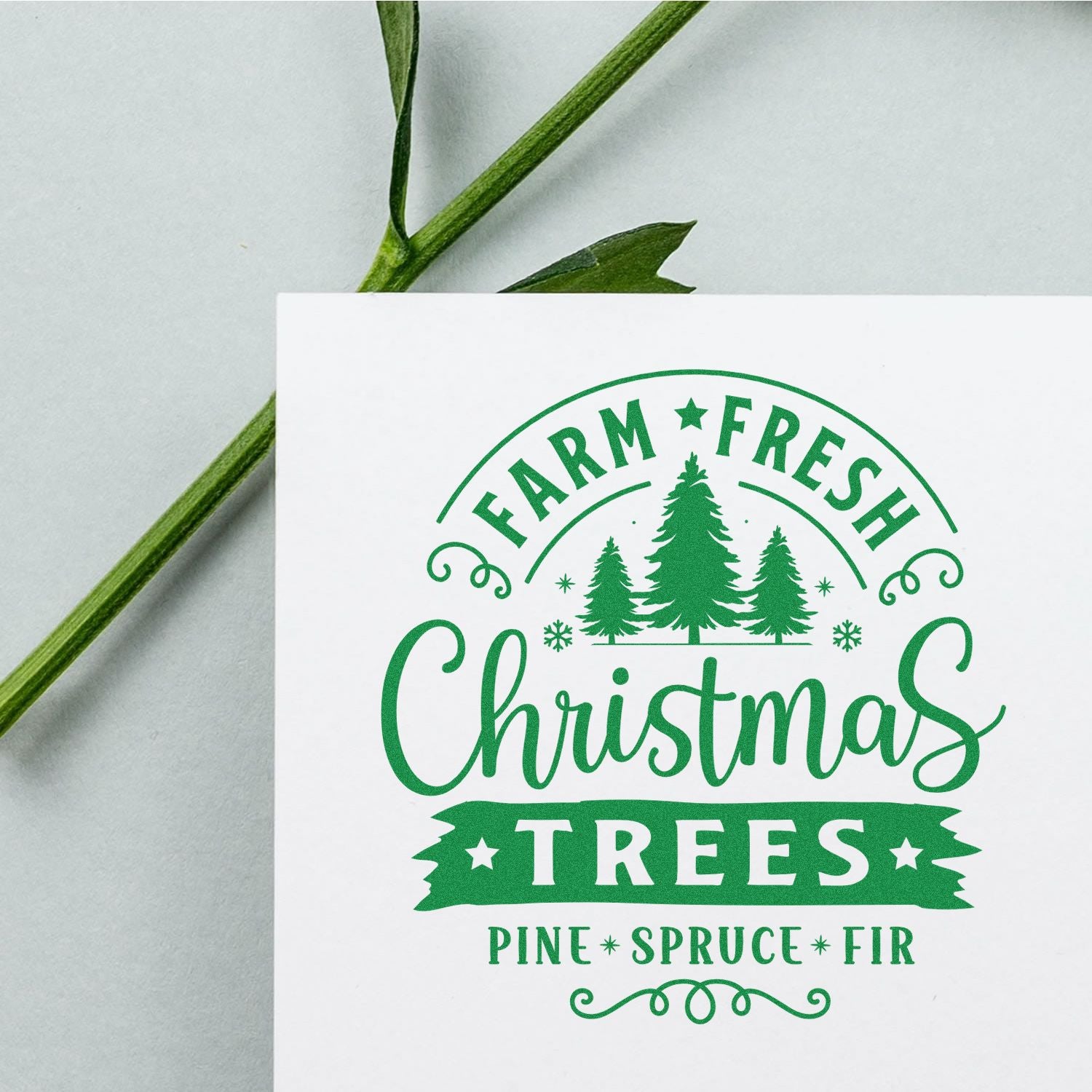 Farm Fresh Christmas Trees rubber stamp with pine, spruce and fir design for holiday packaging, crafts, and gift tags.