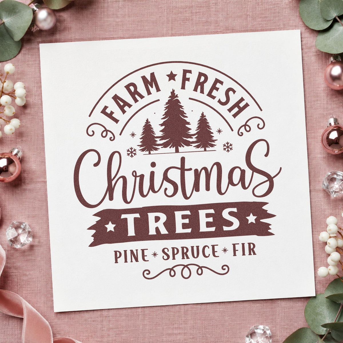 Farm Fresh Christmas Trees Badge rubber stamp printed in brown ink, ready for stall setup sheet and similar paper crafts.