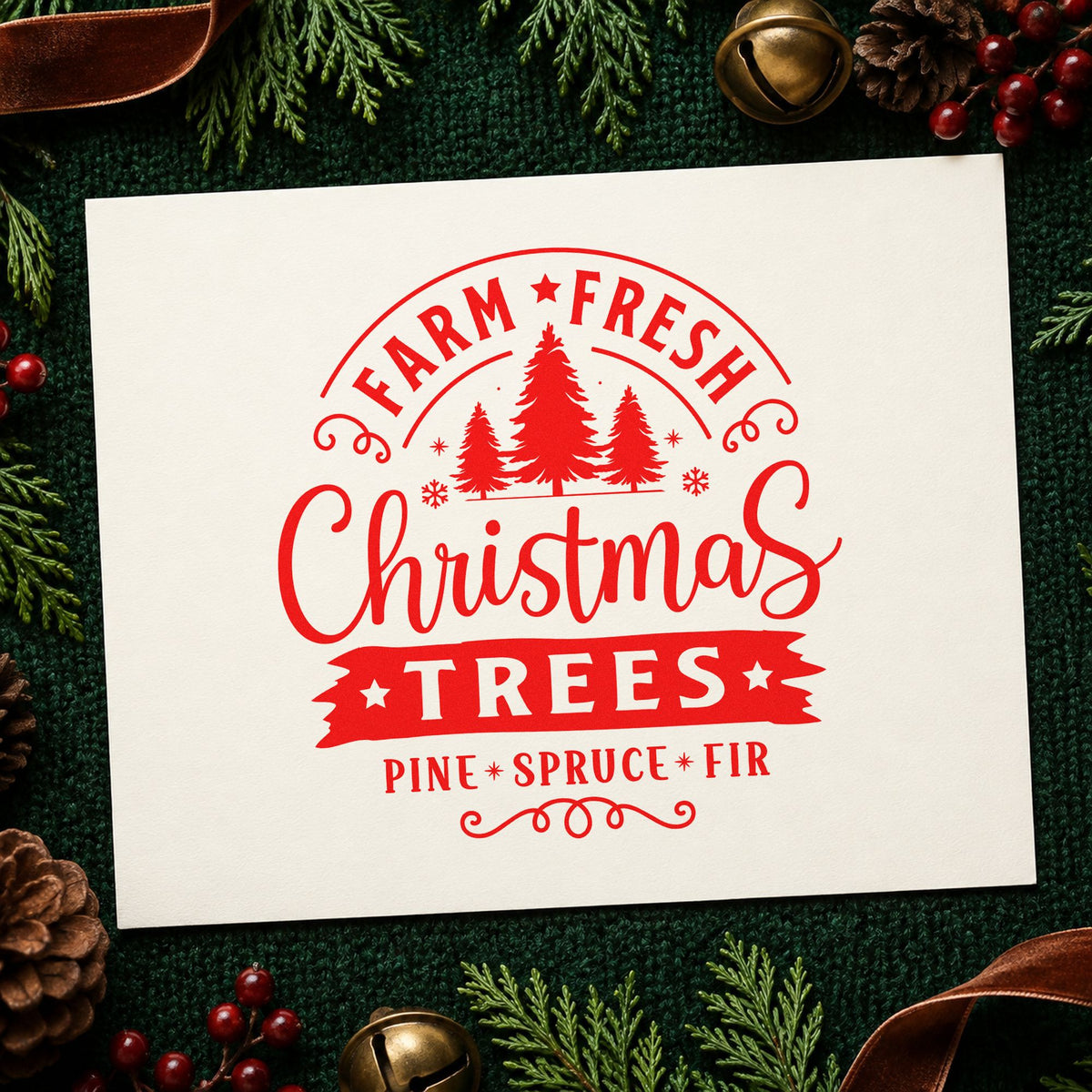Farm Fresh Christmas Trees Badge craft stamp in red ink on cardstock, an easy option for canvas awning printing.
