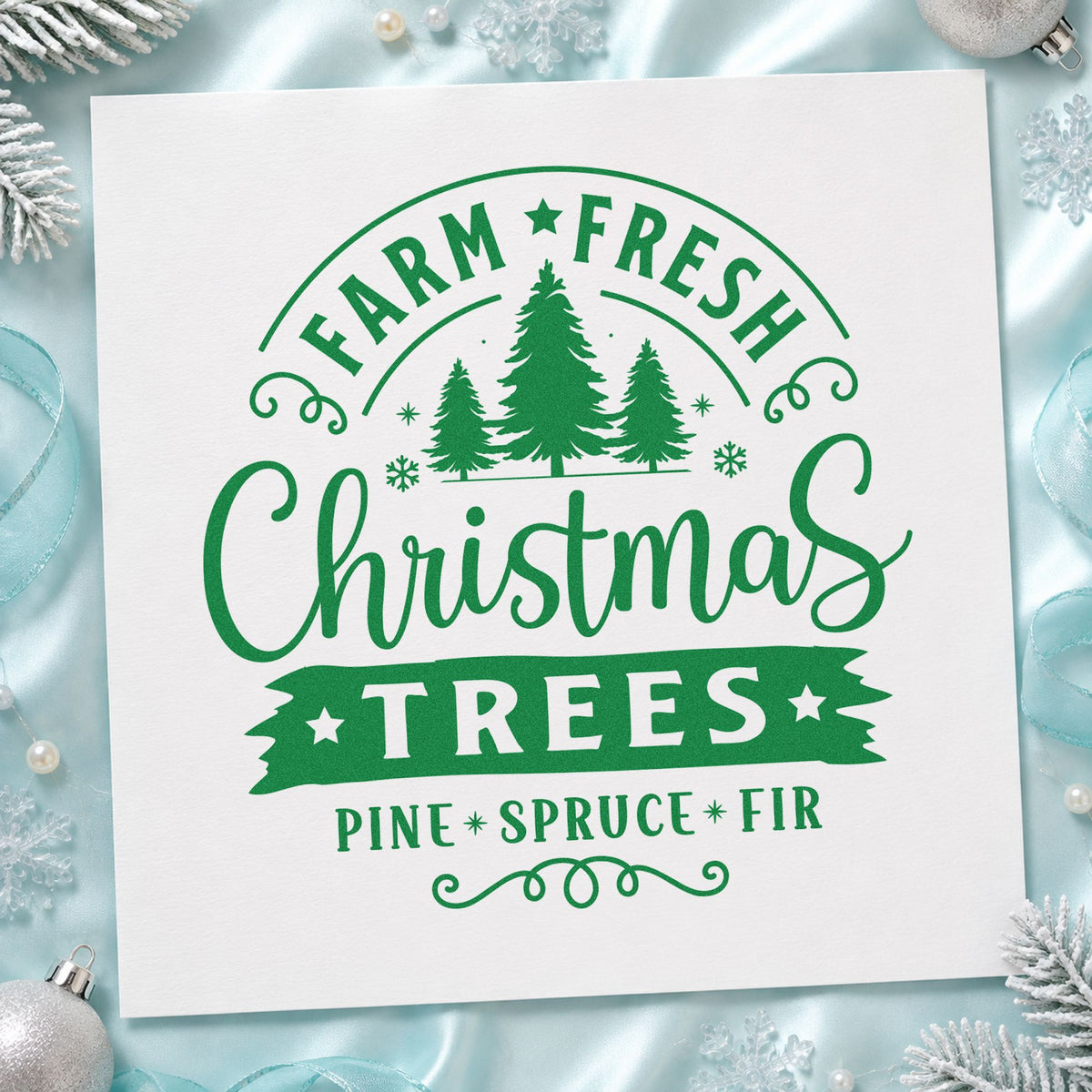 Farm Fresh Christmas Trees Badge craft stamp imprinted in green ink on paper, a design suited to framed stall panel.