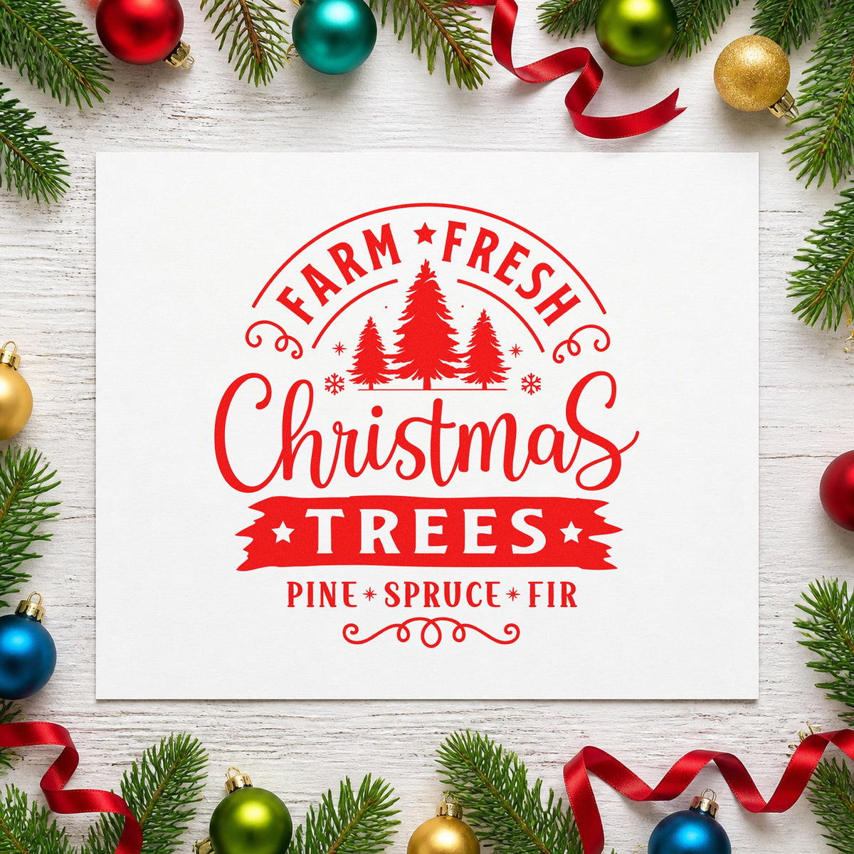Farm Fresh Christmas Trees Badge rubber stamp shown in red ink, stamped for projects such as netting roll labels.
