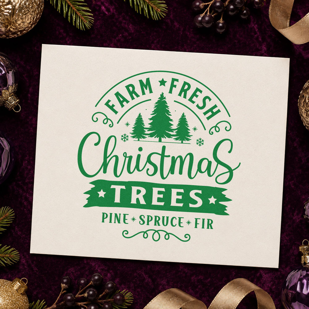 Farm Fresh Christmas Trees Badge craft stamp imprint in green ink on a handmade project, one idea being cash box slips.