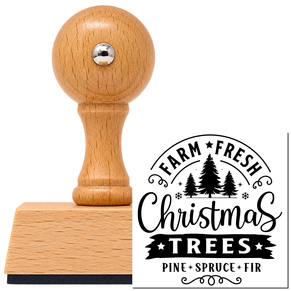 Farm Fresh Christmas Trees Badge Vintage Pro rubber stamp in European beech wood with a round knob handle, shown beside its black imprint.
