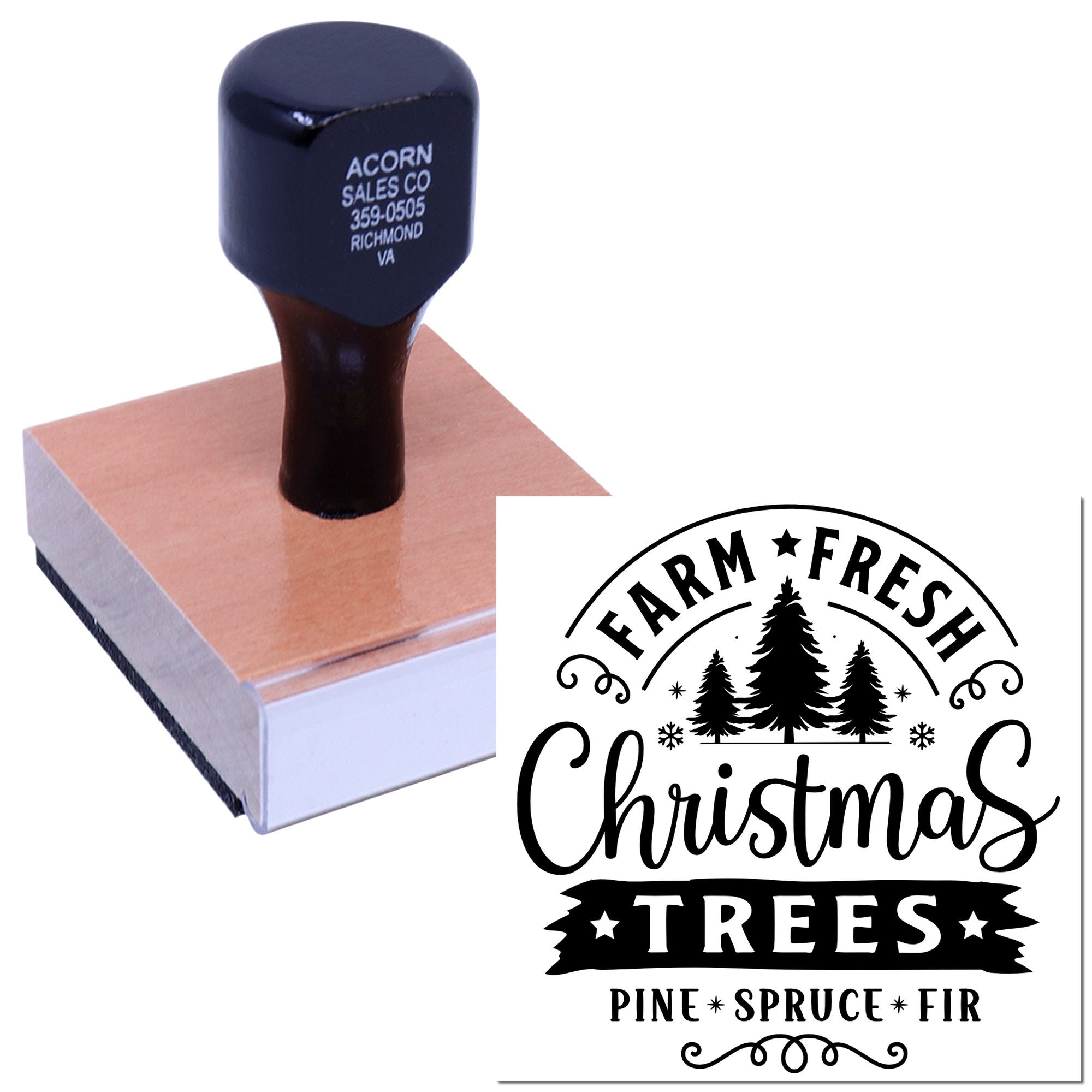 Custom rubber stamp with Farm Fresh Christmas Trees design for pine, spruce and fir holiday branding.