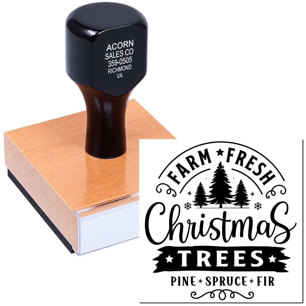 Custom rubber stamp with Farm Fresh Christmas Trees design for pine, spruce and fir holiday branding.