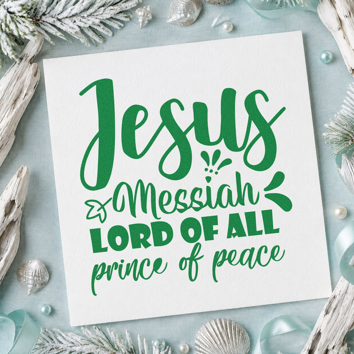 Jesus Messiah Prince Peace craft stamp imprint in green ink on a handmade project, one idea being bible tab gift tags.