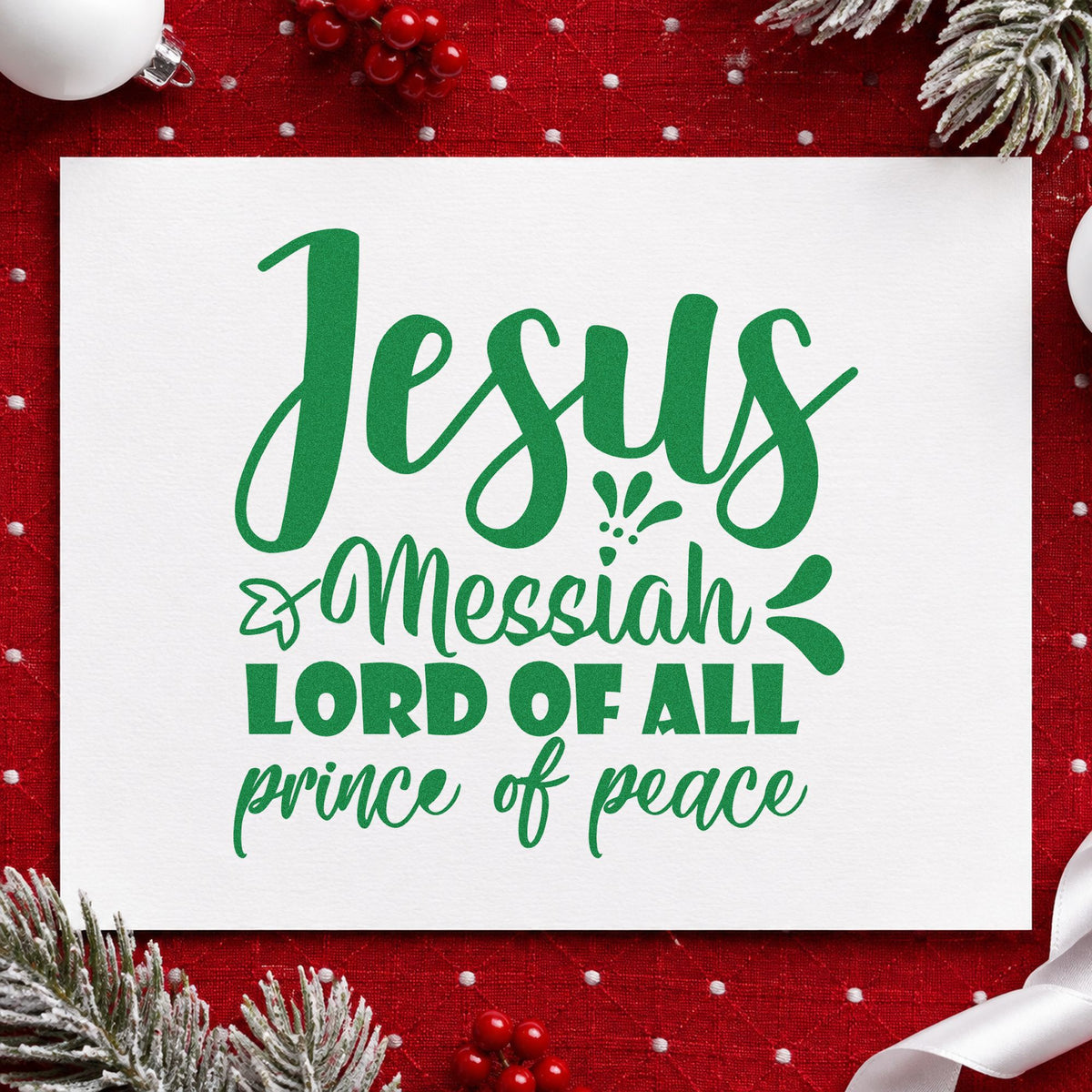 Jesus Messiah Prince Peace craft stamp imprinted in green ink on paper, a design suited to framed narthex panel.
