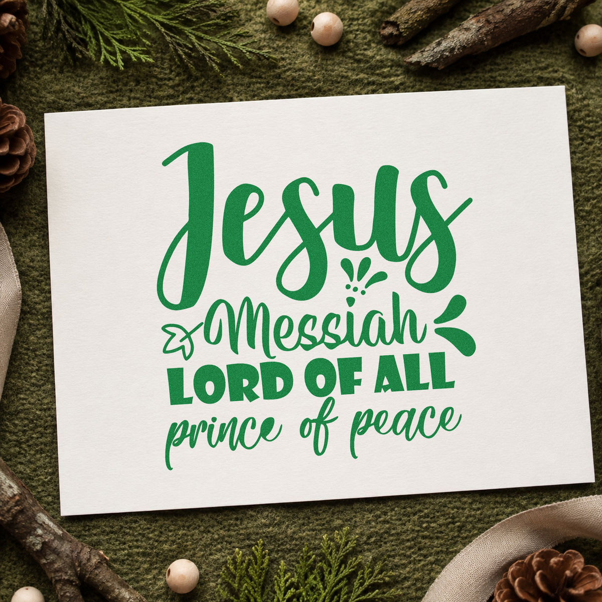 Jesus Messiah Prince Peace craft stamp imprint in green ink on a handmade project, one idea being advent series cards.