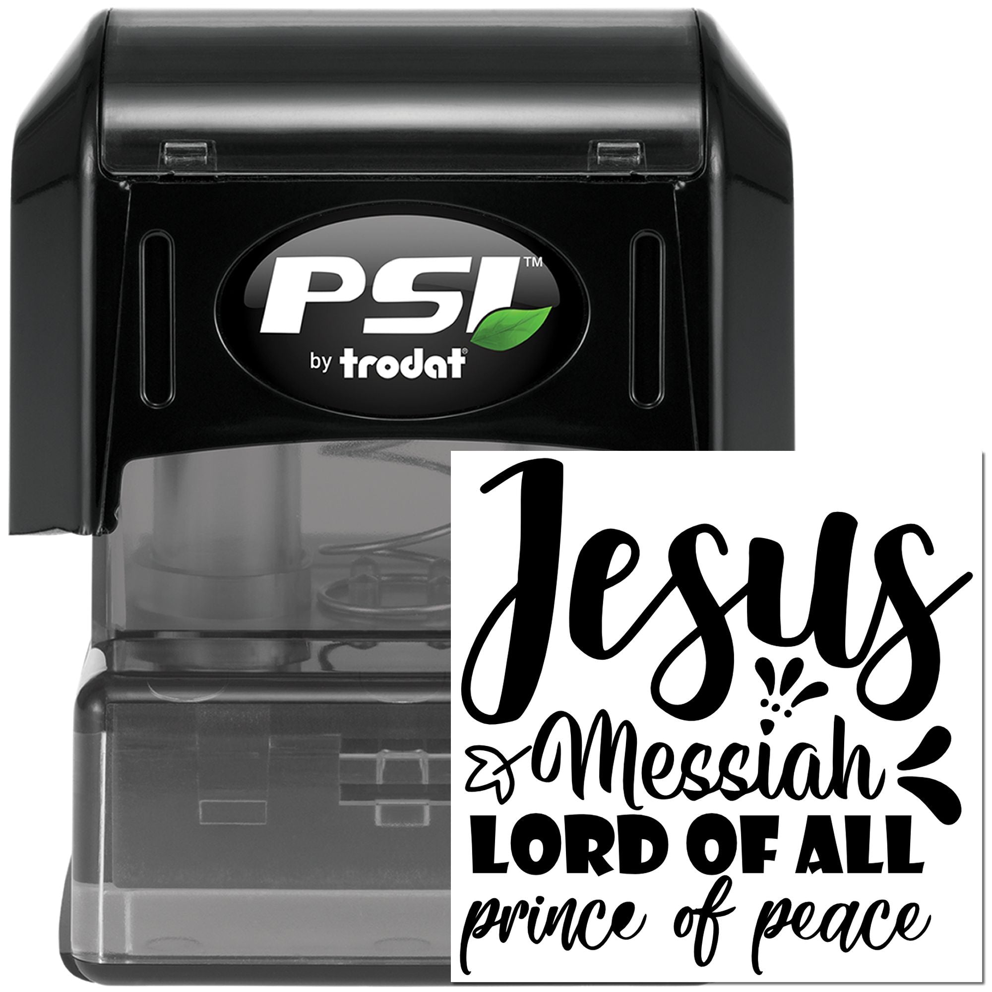 PSI by Trodat self-inking rubber stamp with Jesus Messiah, Lord of All, Prince of Peace Christian design for faith crafts.